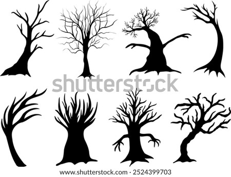 Black tree silhouette collection. Spooky Halloween tree, hand drawn vector illustration.