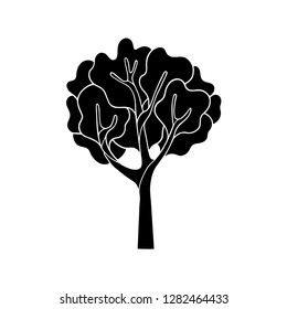 Black tree silhouette with crown on white background. Vector illustration.