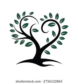 A black tree silhouette with green leaves forming a heart shape on a pure white background, symbolizing love and nature in a simple yet elegant design.