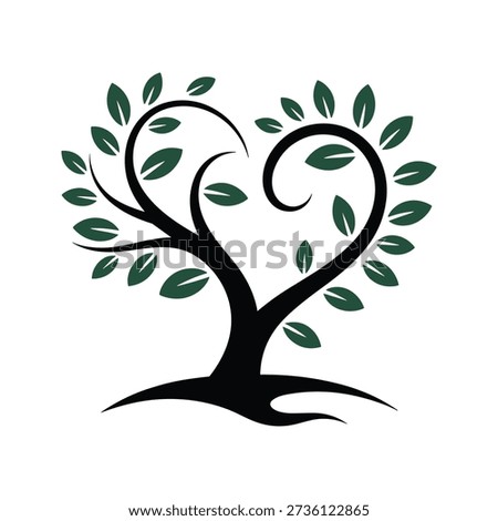 A black tree silhouette with green leaves forming a heart shape on a pure white background, symbolizing love and nature in a simple yet elegant design.