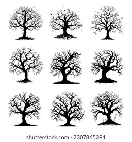 Black tree silhouette halloween vector. Old haunted tree with many branches suitable for halloween celebration design element on white background