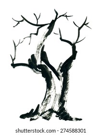 Black tree silhouette. Ink graphic. Hand drawn ink tree. Vector illustration.