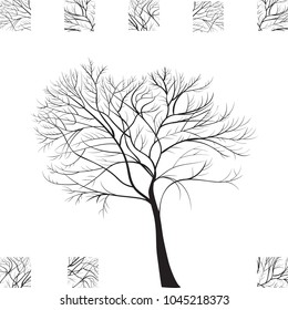 Black Tree Silhouette Isolated. Old Style Vector Ink Drawing or Sketch. Woodcut or Engraving Illustration