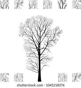 Black Tree Silhouette Isolated. Old Style Vector Ink Drawing or Sketch. Woodcut or Engraving Illustration