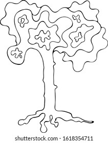 black tree silhouette isolated on white background, vector.  Black and white graphics. Minimalism. Vector stock illustration.  Isolated on a white background. Hand drawn. Illustrations. Coloring book