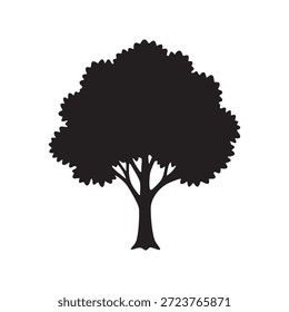 Silueta de árbol negro con dosel exuberante aislado sobre fondo blanco
