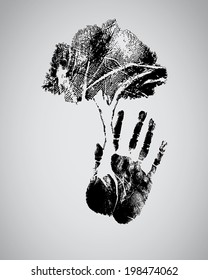 black tree silhouette on hand print isolate on black