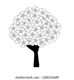 Black tree silhouette on white background. White flowers on crown - plum, peach and cherry. Spring Vector Illustration.