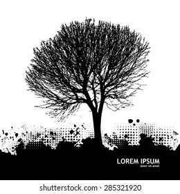 Black tree silhouette paint stains. Vector