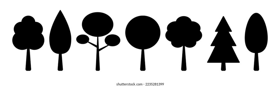 Black tree silhouette set isolated objects colorful illustration in flat style. Nature clip art collection. Outdoor landscape forest or park design elements. Simple plant shapes. Tree icon collection.