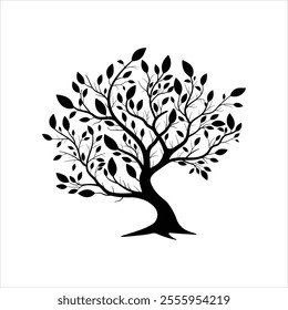 black tree silhouette vector features branches adorned with leaves. Perfect for nature-inspired projects, minimalist designs, logos and eco-theme. tree with leaves, tree logo, botanical vector art,