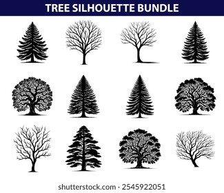 Black Tree Silhouette Vector Illustration with Transparent Background – Fully Editable Design