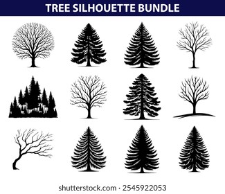 Black Tree Silhouette Vector Illustration with Transparent Background – Fully Editable Design