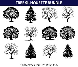Ilustración vectorial de silueta de árbol negro con fondo transparente: diseño totalmente editable