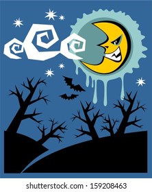 Black tree silhouettes with angry moon. Halloween illustration.
