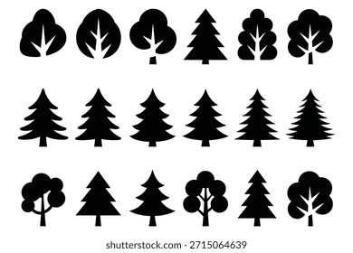 Siluetas negras de árboles caducifolios y coníferas