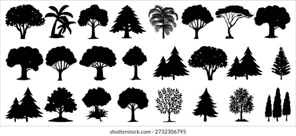 Siluetas de árboles negros con Formas forestales y naturales para proyectos paisajísticos, ambientales y de Diseño gráfico.
