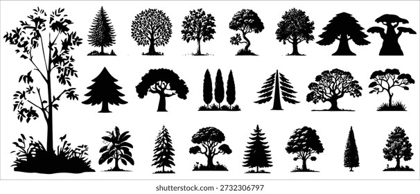Siluetas de árboles negros con Formas forestales y naturales para proyectos paisajísticos, ambientales y de Diseño gráfico.