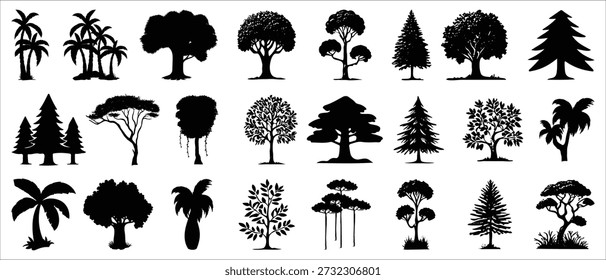 Siluetas de árboles negros con Formas forestales y naturales para proyectos paisajísticos, ambientales y de Diseño gráfico.