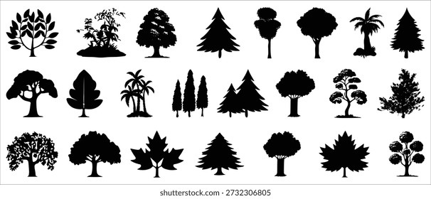 Siluetas de árboles negros con Formas forestales y naturales para proyectos paisajísticos, ambientales y de Diseño gráfico.