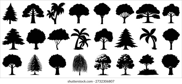 Siluetas de árboles negros con Formas forestales y naturales para proyectos paisajísticos, ambientales y de Diseño gráfico.