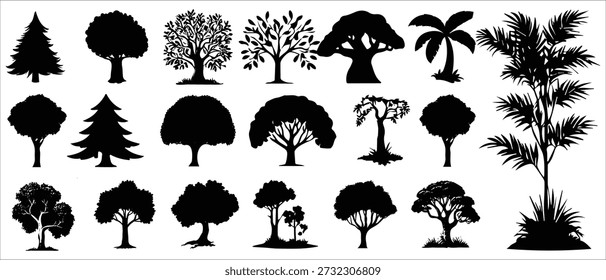 Siluetas de árboles negros con Formas forestales y naturales para proyectos paisajísticos, ambientales y de Diseño gráfico.