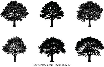Siluetas negras del árbol con el sistema geométrico de la Ilustración vectorial de las superposiciones de la malla, obra de arte natural y digital de la fusión, Elementos botánicos decorativos, colección creativa del diseño del paisaje