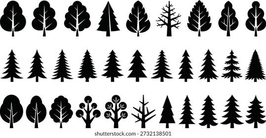 Conjunto de siluetas de árboles negros con Formas forestales de hoja perenne y caducifolia, íconos de bosques botánicos, Elementos de Vector de la naturaleza aislados en blanco