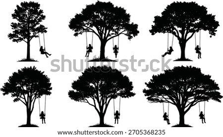 Black tree silhouettes with swings vector illustration set, children playing artwork, nostalgic nature design, decorative forest elements, seasonal foliage collection for creative projects