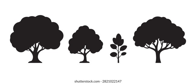 Black tree silhuettes set on transparent background, plant vector, natural park, forest or garden, isolated design.