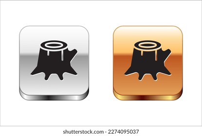 Black Tree stump icon isolated on white background. Silver-gold square button. Vector