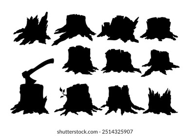 Siluetas de tocón de árbol negro. Dibujo de esbozo aislado. Tronco roto en la escena del bosque. Artes de madera de la forma de la raíz. Destrucción del paisaje de madera. Ilustración vectorial