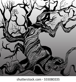Black tree in the style of hand drawn. Gray background