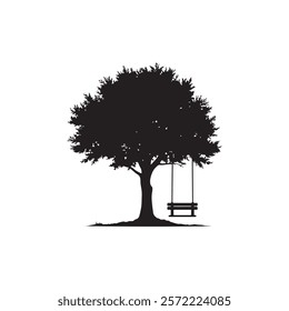 Black Tree with Swing, bench silhouette