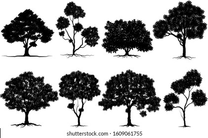 Black tree Symbol style and white background. trees silhouettes set. Hand drawn isolated illustrations.