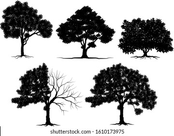 Black tree Symbol style and white background. trees silhouettes set. Hand drawn isolated illustrations.