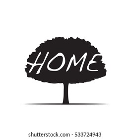 Black Tree and text HOME. Vector Illustration.