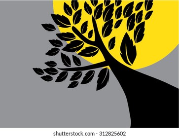 Black tree vector icon, moon background