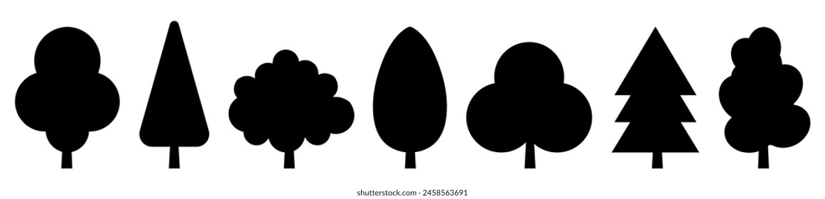 Schwarze Vektorgrafik-Icon-Set. Flache Bäume gesetzt, Kiefern, Fichten, Nadelbäume. Drei einfache verschiedene Logo-Design-Elemente. Vektorillustration
