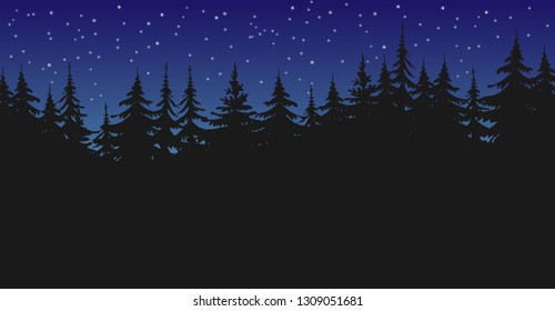 Black trees forest silhouette, nihgt sky, stars