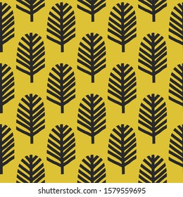 Black trees freehand color vector seamless pattern. Cartoon plants on yellow background. Hand drawn abstract branches vector illustration. Textile, wallpaper, wrapping paper design idea