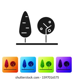Black Trees icon isolated on white background. Forest symbol. Set icons in color square buttons. Vector Illustration