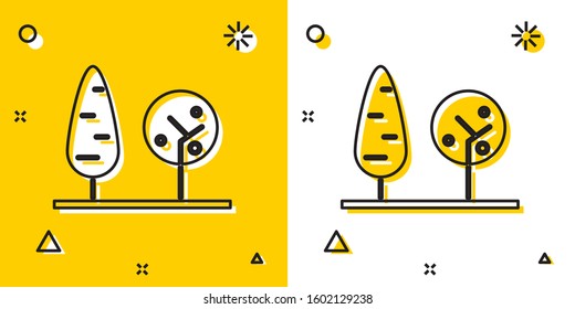 Black Trees icon isolated on yellow and white background. Forest symbol. Random dynamic shapes. Vector Illustration