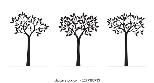 Black Trees with Leaves. Vector Illustration. Plant and Garden.