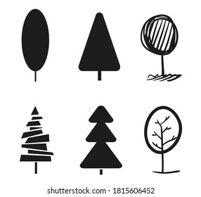 Black trees on isolated background. Christmas trees on white. Black and white illustration