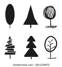 Black trees on isolation background. Christmas tree on white. Xmas elements. Black and white illustration