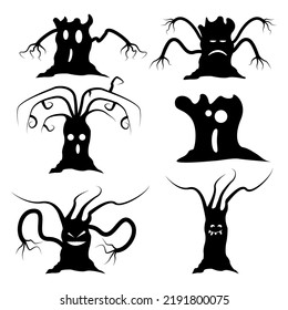Árboles negros en un fondo blanco. Los iconos de Halloween están listos. Ilustración vectorial.