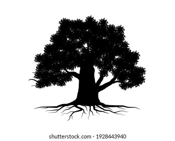 Black Trees and root with leaves look beautiful and refreshing. Tree and roots LOGO style.