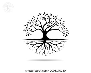 Black Trees and root with leaves look beautiful and refreshing. Tree and roots LOGO style.