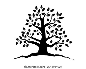 Los árboles negros y la raíz con hojas se ven hermosos y refrescantes. Estilo LOGO de árbol y raíces.
